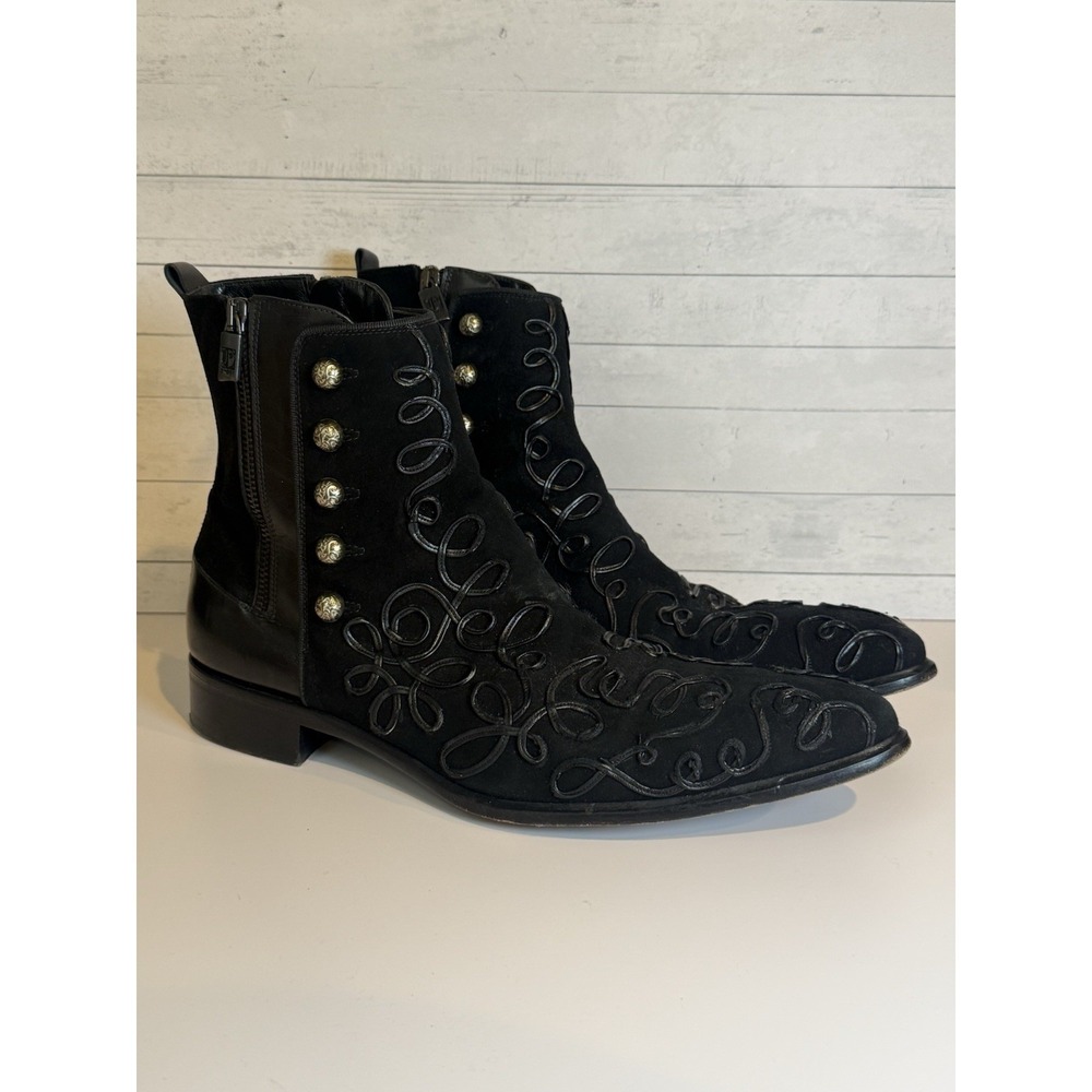Jo Ghost Black Suede Leather Swirl Ankle Boots Side Zip EU 43/10 Made Italy